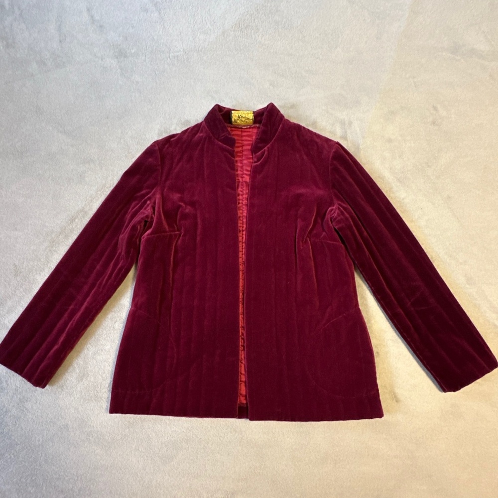 Vintage Maroon Velvet Open Front Jacket Marjorie Hamilton Medium 1970s Fuschia